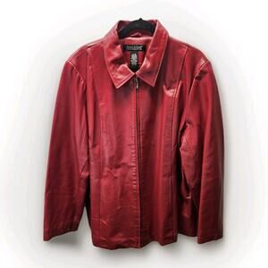 Vtg Dialogue Red Leather Coat Moto Jacket Plus Size 2X Womans Pockets Glam Biker